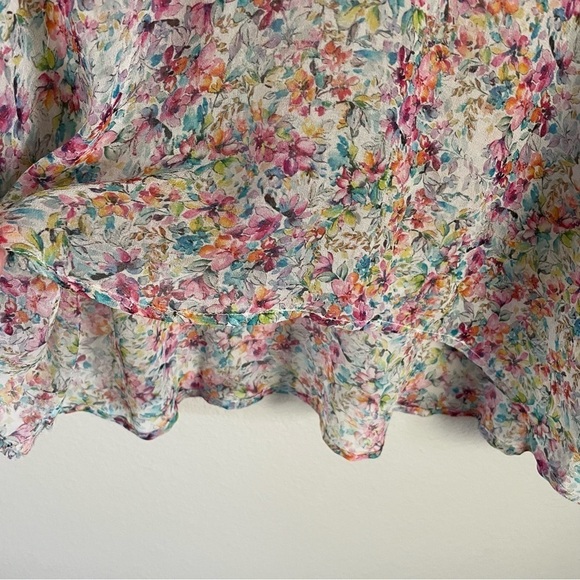 Lavender Brown Silk Floral Sheer Top Flutter Bell Sleeve Pastel Size Medium - Picture 4 of 10